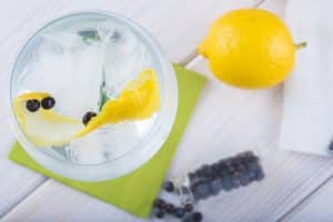 Gin und Tonic auf einem Highball-Glas mit Zitronenspalte und Wacholderbeeren