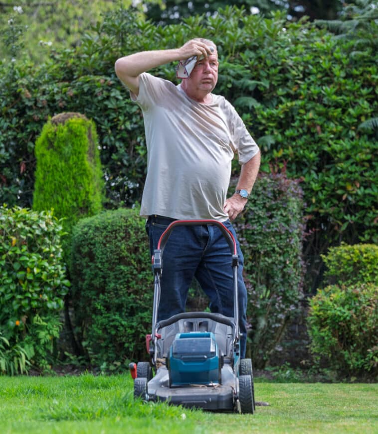 Mann schwitzt bei der Gartenarbeit